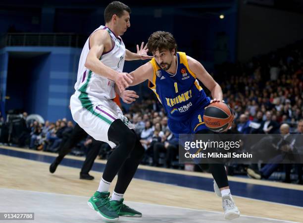 Alexey Shved, #1 of Khimki Moscow Region competes with Dragan Milosavljevic, #12 of Unicaja Malaga in action during the 2017/2018 Turkish Airlines...