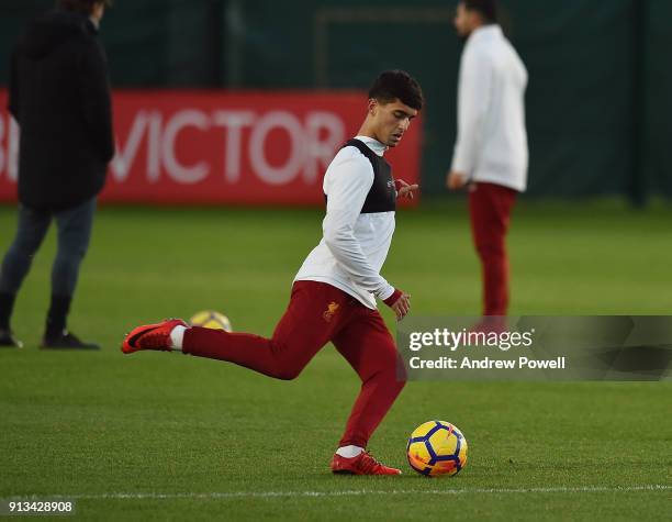 Yan Dhanda of Liverpool during a training session at Melwood Training Ground on February 2, 2018 in Liverpool, England.