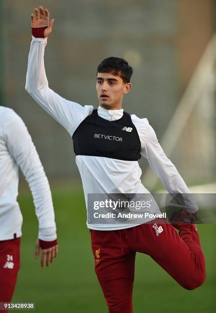 Yan Dhanda of Liverpool during a training session at Melwood Training Ground on February 2, 2018 in Liverpool, England.