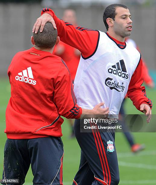 Javier Mascherano and Jay Spearing during a Liverpool Training session at Melwood on October 2, 2009 in Liverpool, England.