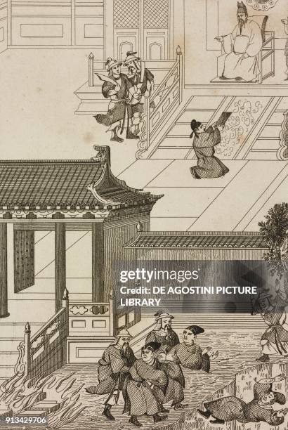 Qin Shi Huangdi burning all the books and throwing scholars into a pit, China, engraving from Chine, ou, Description historique, geographique et...