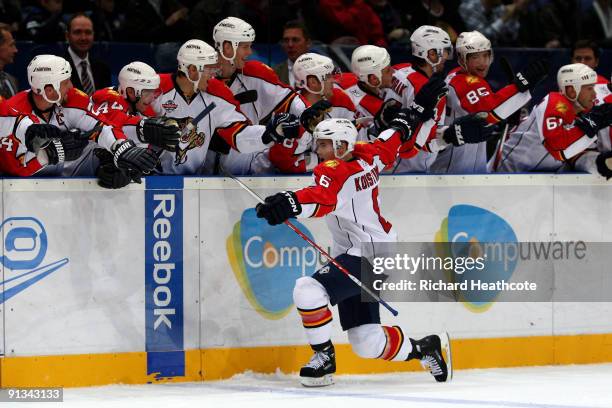 Ville Koistinen of the Florida Panthers celebrates as he scores the decisive penalty in the shoot out against the Chicago Blackhawks during The...