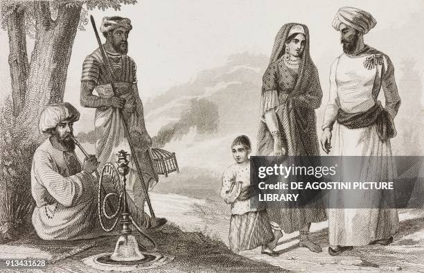 Muslims smoking a kaliun and a Parsi family from Bombay, engraving from La Perse by Louis Dubeux , L'Univers pittoresque, published by Firmin Didot...