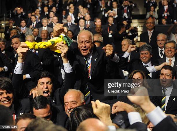 Members and supporters of the Rio Olympic bid celebrate winning the vote to host the 2016 Olympic Games on October 2, 2009 in Copenhagen, Denmark....