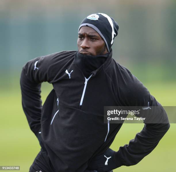 Massadio Haidara warms up during the Newcastle United Training session at the Newcastle United Training Centre on February 2 in Newcastle upon Tyne,...