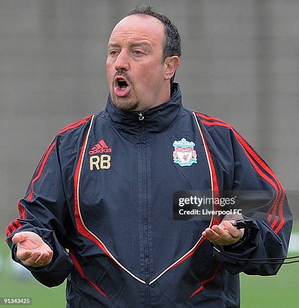 Rafael Benitez manager of Liverpool during a Liverpool Training session at Melwood on OCTOBER 02, 2009 in Liverpool, England.