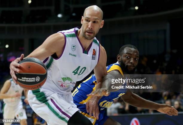 James Augustine, #40 of Unicaja Malaga competes with Charles Jenkins, #22 of Khimki Moscow Region in action during the 2017/2018 Turkish Airlines...
