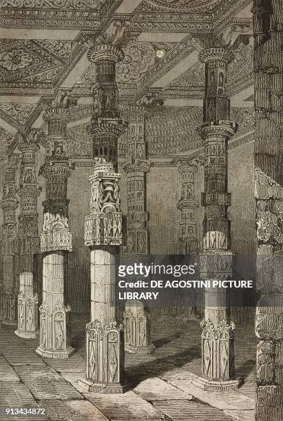 Interior of the ancient Jain temple converted into the Adhai Din Ka Jhonpra Mosque, Ajmer, India, engraving by Lemaitre after Gaucherel from Inde, by...