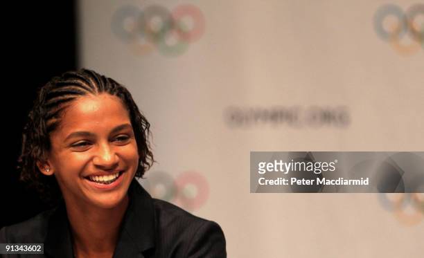Brazilian athlete Barbara Leoncio attends a press conference after the Rio 2016 presentation on October 2, 2009 at the Bella Centre in Copenhagen,...