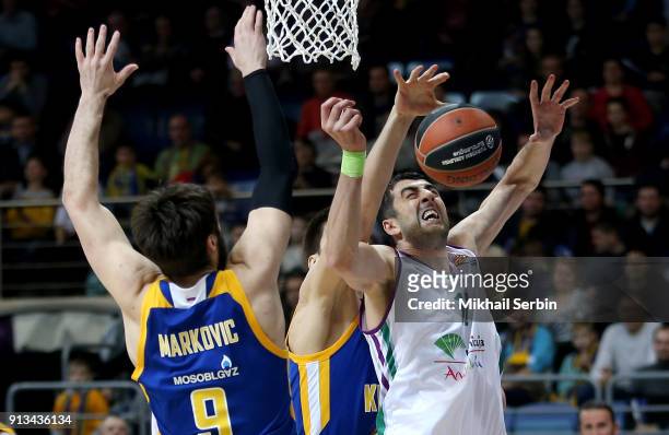 Giorgi Shermadini, #17 of Unicaja Malaga competes with Stefan Markovic, #9 of Khimki Moscow Region in action during the 2017/2018 Turkish Airlines...