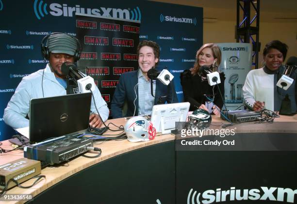 SiriusXM hosts Sway Calloway and Heather B , Joel Osteen and Victoria Osteen attend SiriusXM at Super Bowl LII Radio Row at the Mall of America on...