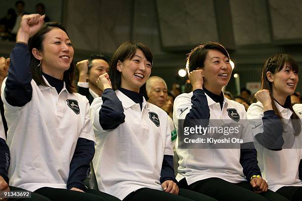 Former Olympic athletes Masami Tanaka, Kyoko Iwasaki, Sakae Morimoto and Yuka Harada cheer to support Tokyo's bid for the 2016 Summer Olympic Games,...