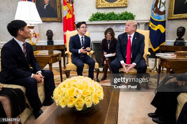 North Korean defector Ji Seong-ho speaks U.S. President Donald Trump meets with North Korean defectors in the Oval Office of the White House on...