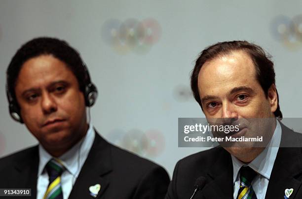 Brazilian Minister of Sport Orlando Silva and Carlos Roberto Osório attend a press conference after the Rio 2016 presentation on October 2, 2009 at...