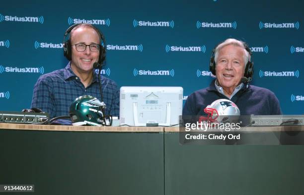 Jonathan Kraft , The Kraft Group President, and Bob Kraft, The Kraft Group Chairman and CEO, attend SiriusXM at Super Bowl LII Radio Row at the Mall...
