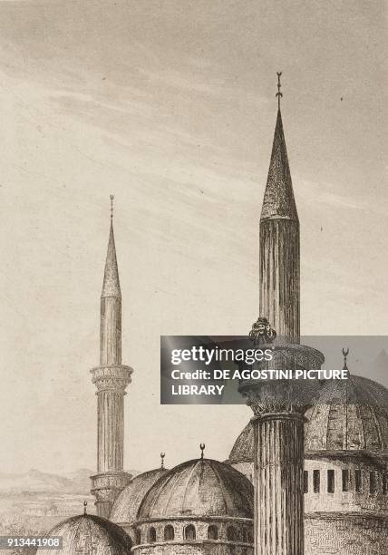 Muezzin announces prayer from a minaret, Arabia, engraving from Arabie, by Noel Desvergers, avec une carte de l'Arabie et note by Jomard, L'Univers...