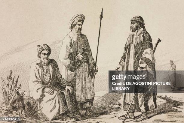 Jeddah priest, 2 High class Arabic 3 Wahhabi cheaf, Arabia, engraving by Lemaitre and Traversier from Arabie, by Noel Desvergers, avec une carte de...