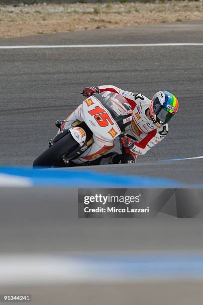 Alex De Angelis of San Marino and San Carlo Honda Gresini rounds the bend during the first practice session ahead of ahead of the Grand Prix of...