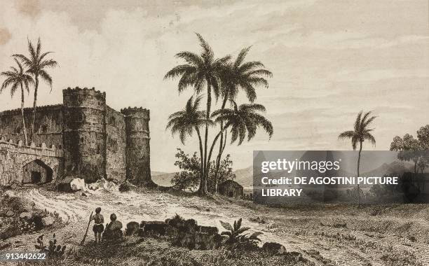 Castle of Sultan of Aden in Lahej, Arabia, engraving by Lemaitre from Arabie, by Noel Desvergers, avec une carte de l'Arabie et note by Jomard,...