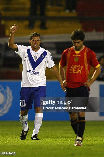 Leandro Caruso of Argentina's Velez Sarsfield celebrates the victory over Union Espanola during their second match as part of the Copa Nissan...