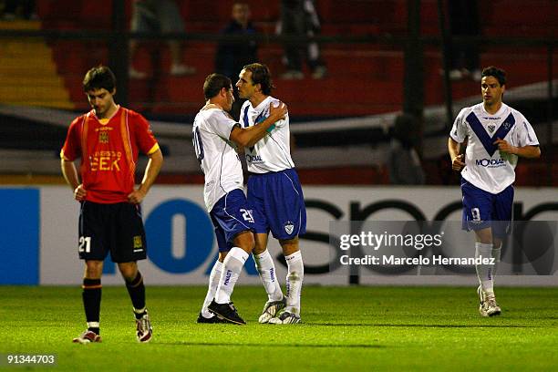 Leandro Caruso of Argentina's Velez Sarsfield celebrates the victory with team mates over Union Espanola during their second match as part of the...