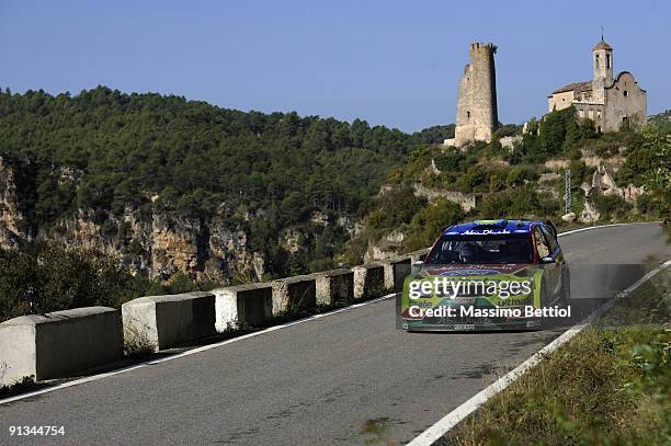 Jari Matti Latvala of Finland and Mikka Anttila of Finland compete in their BP Abu Dhabi Ford Focus during Leg 1 of the WRC rally de Espana on...