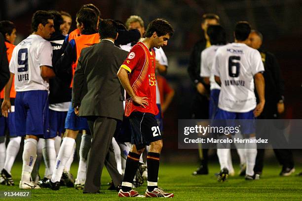 Diego Rosend of Chile's Union Espanola reacts after loosing the match for Argentina's Velez Sarsfield during their second match as part of the Copa...