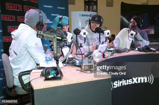 SiriusXM radio host Sway Calloway, Jenny McCarthy, Donnie Wahlberg and SiriusXM radio host Heather B attend SiriusXM at Super Bowl LII Radio Row at...