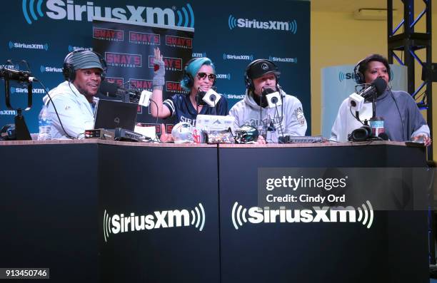 SiriusXM radio host Sway Calloway, Jenny McCarthy, Donnie Wahlberg and SiriusXM radio host Heather B attend SiriusXM at Super Bowl LII Radio Row at...