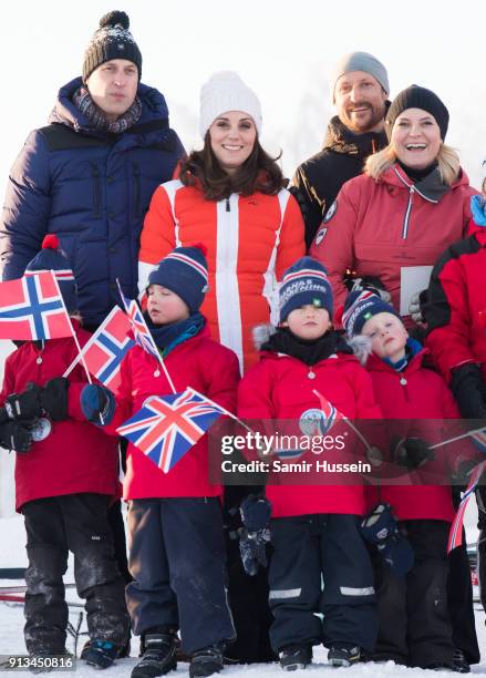 Prince William, Duke of Cambridge, Catherine, Duchess of Cambridge, Crown Princess Mette Marit of Norway and Crown Prince Haakon of Norway pose with...