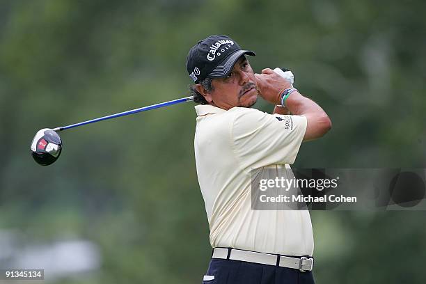Eduardo Romero of Argentina watches his drive during the second round of the Constellation Energy Senior Players Championship at Baltimore Country...