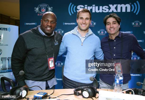 SiriusXM radio hosts Kirk Morrison and Bruce Murray and NFL player Kirk Cousins of Washington Redskins attend SiriusXM at Super Bowl LII Radio Row at...