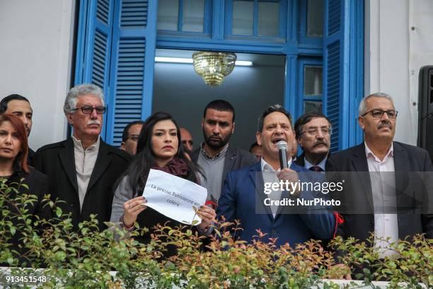 Neji Bghouri , president of the National Union of Tunisian Journalists , deliviring a speech during a demonstration held under the slogan Tunisian...