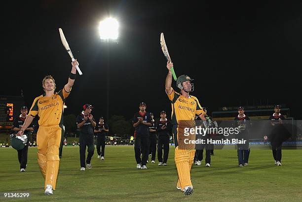 Shane Watson and Ricky Ponting of Australia celebrate victory as the leave field at the end of the match during the ICC Champions Trophy 1st Semi...