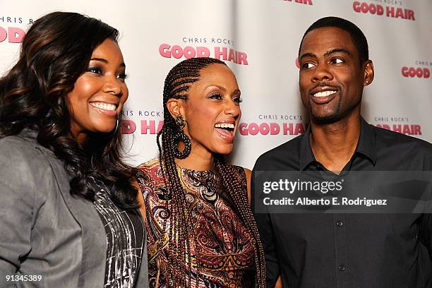 Actress Gabrielle Union, Malaak Compton and actor Chris Rock arrive at the premiere of Roadside Attractions' "Good Hair" on October 1, 2009 in...