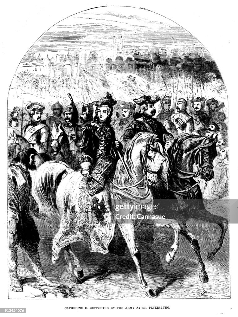 Ilustração vitoriana; Catarina II da Rússia, acompanhada pelo exército em São Petersburgo; História 1861 do século XIX Cassel