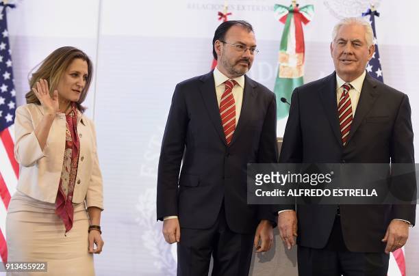 Canadian Foreign Minister Chrystia Freeland, Mexican Foreign Minister Luis Videgaray and US Secretary of State Rex Tillerson pose for photographers...
