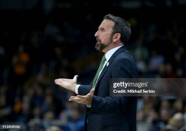 Joan Plaza, Head Coach of Unicaja Malaga in action during the 2017/2018 Turkish Airlines EuroLeague Regular Season Round 21 game between Khimki...