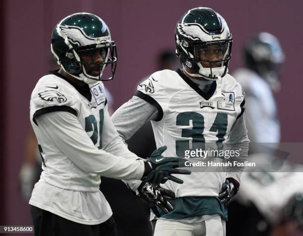 Corey Graham and Jalen Mills of the Philadelphia Eagles look on during Super Bowl LII practice on February 2, 2018 at the University of Minnesota in...