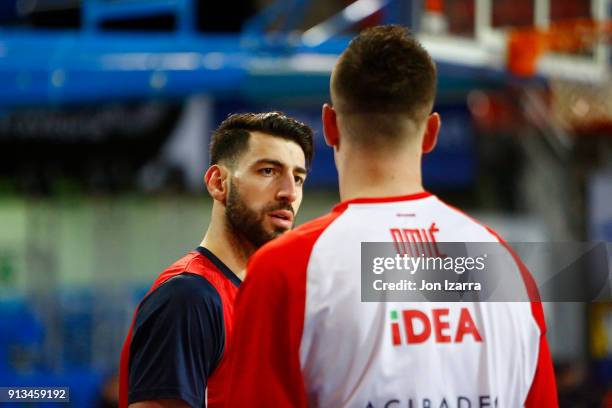 Tornike Shengelia, #23 of Baskonia Vitoria Gasteiz speaks with Alen Omic, #23 of Crvena Zvezda mts Belgrade during the 2017/2018 Turkish Airlines...