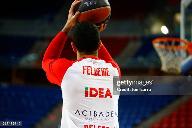 Ames Feldeine, #14 of Crvena Zvezda mts Belgrade warm up during the 2017/2018 Turkish Airlines EuroLeague Regular Season Round 21 game between...