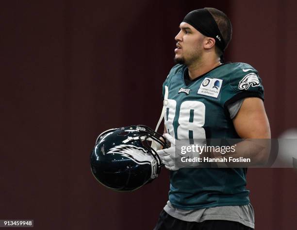 Trey Burton of the Philadelphia Eagles during Super Bowl LII practice on February 2, 2018 at the University of Minnesota in Minneapolis, Minnesota....