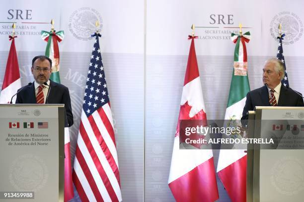 Mexican Foreign Minister Luis Videgaray and US Secretary of State Rex Tillerson offer a joint press conference together with Canadian Foreign...