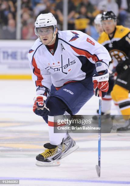 Alex Ovechkin of the Washington Capitals watches the play against the Boston Bruins at the TD Banknorth Garden on October 1, 2009 in Boston,...