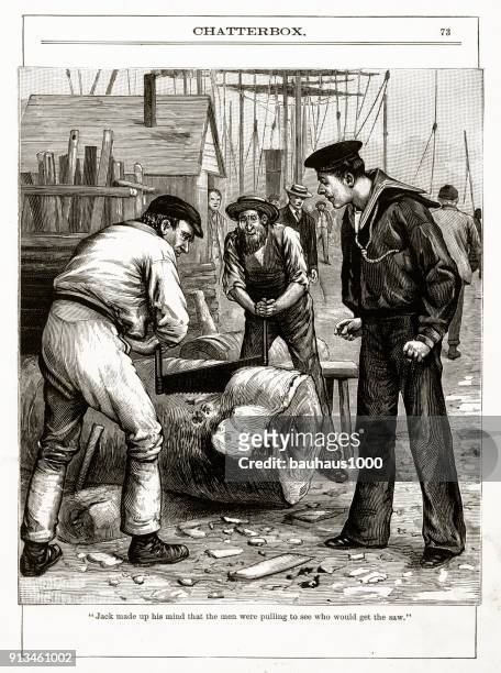 ilustraciones, imágenes clip art, dibujos animados e iconos de stock de dos hombres sierra un registro de grabado estilo victoriano - carpintero