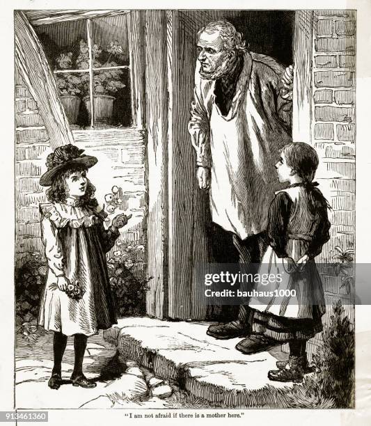 young girls with an old gentleman victorian engraving - family front porch stock illustrations