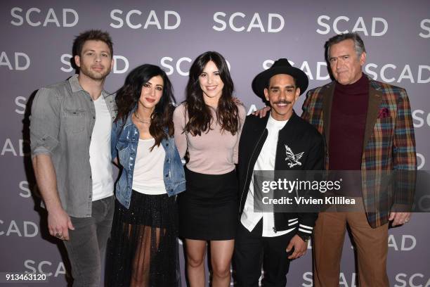 Actors Lindsay Farris, Dana DeLorenzo, Arielle Carver-O'Neill, Ray Santiago, and Bruce Campbell attend a press junket for 'Ash vs Evil Dead'' on Day...