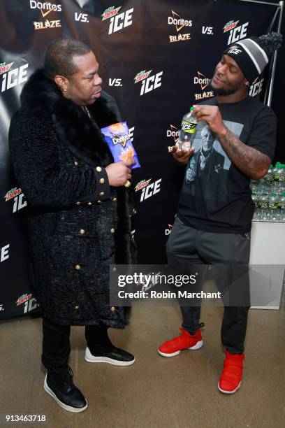 Busta Rhymes and LeVeon Bell from the Pittsburgh Steelers go head to head with Mtn Dew ICE and Doritos Blaze at the Mall of America on February 2,...