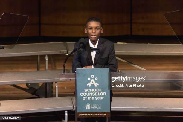 DaMarcus Thompson, 7th grade student at Lawndale Community Academy , speaks at the 2018 School Counselor of the Year awards ceremony, at the John F....