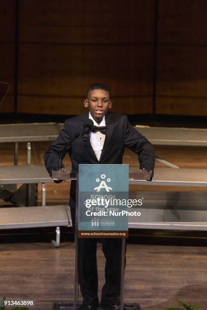 DaMarcus Thompson, 7th grade student at Lawndale Community Academy , speaks at the 2018 School Counselor of the Year awards ceremony, at the John F....